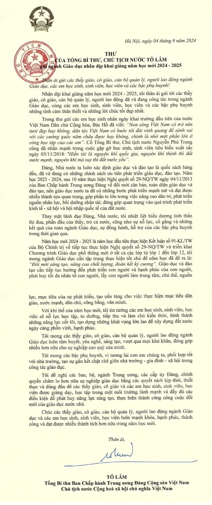 Tổng Bí thư, Chủ tịch nước Tô Lâm gửi thư nhân dịp khai giảng năm học mới 2024-2025