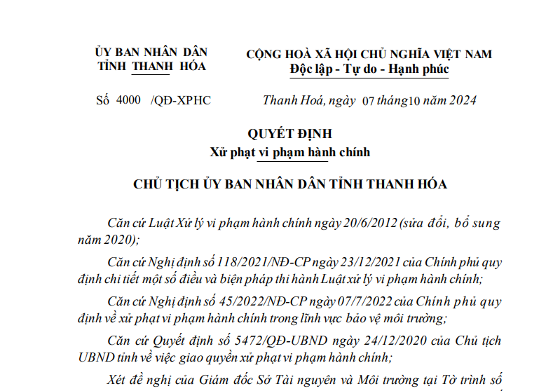 Công ty TNHH Dabaco Thanh Hóa bị xử phạt hơn 200 triệu đồng vì đã xả thải ra môi trường vượt quy chuẩn kỹ thuật