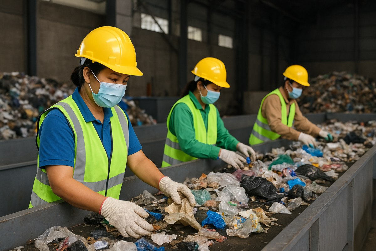 Công nhân phân loại rác tại nhà máy – bước quan trọng nâng cao hiệu quả xử lý chất thải rắn sinh hoạt.