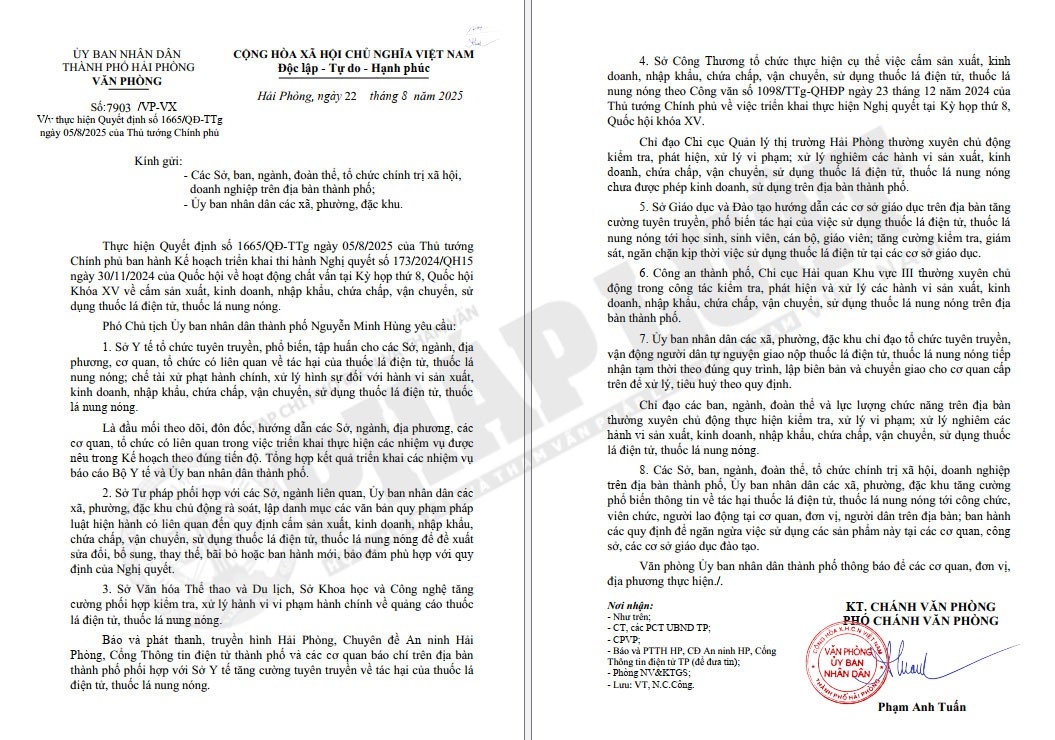 Hải Phòng quyết liệt triển khai quy định cấm thuốc lá điện tử, thuốc lá nung nóng Hải Phòng quyết liệt triển khai quy định cấm thuốc lá điện tử, thuốc lá nung nóng