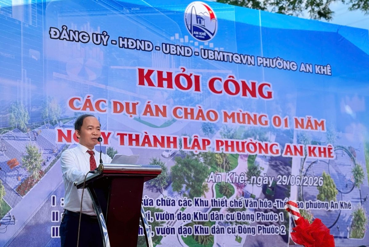 Ông Hồ Hải Nam – Giám đốc Ban Quản lý dự án đầu tư xây dựng phường An Khê phát biểu tại Lễ Khởi công