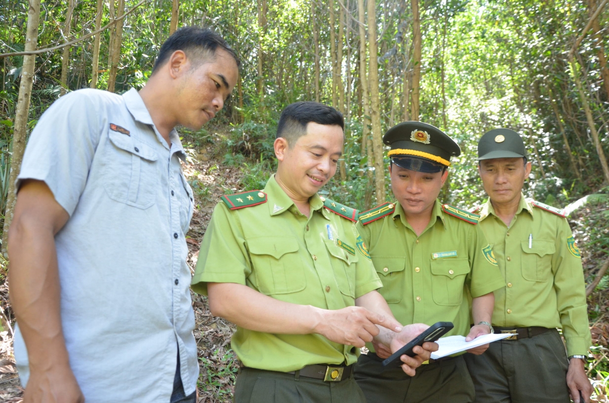 Cán bộ kiểm lâm sử dụng các phần mềm quản lý, bảo vệ rừng trên điện thoại kiểm tra biến động diện tích rừng trên địa bàn và tuyên truyền người dân tuân thủ nghiêm quy định khi đốt thực bì