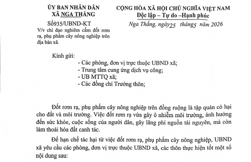 Xã Nga Thắng, tỉnh Thanh Hóa: Chỉ đạo nghiêm cấm đốt rơm rạ, phụ phẩm cây nông nghiệp trên địa bàn