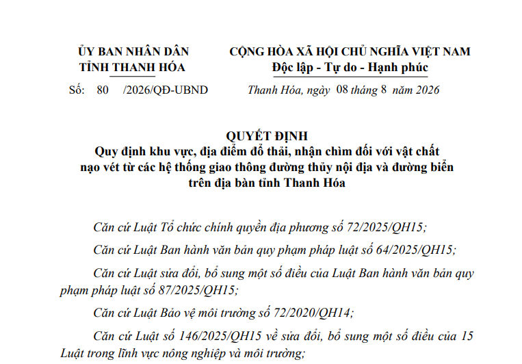 Thanh Hóa: Quy định khu vực, địa điểm đổ thải, nhận chìm đối với vật chất nạo vét từ các hệ thống giao thông đường thủy nội địa và đường biển trên địa