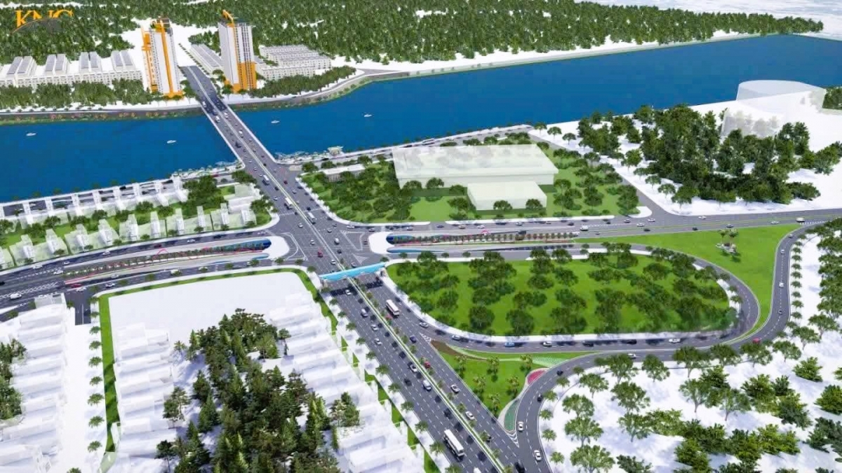 Phối cảnh Dự án Cụm nút giao thông Lê Thanh Nghị - Cách Mạng Tháng Tám - Thăng Long - đường dẫn lên cầu Hòa Xuân sau khi hoàn thành