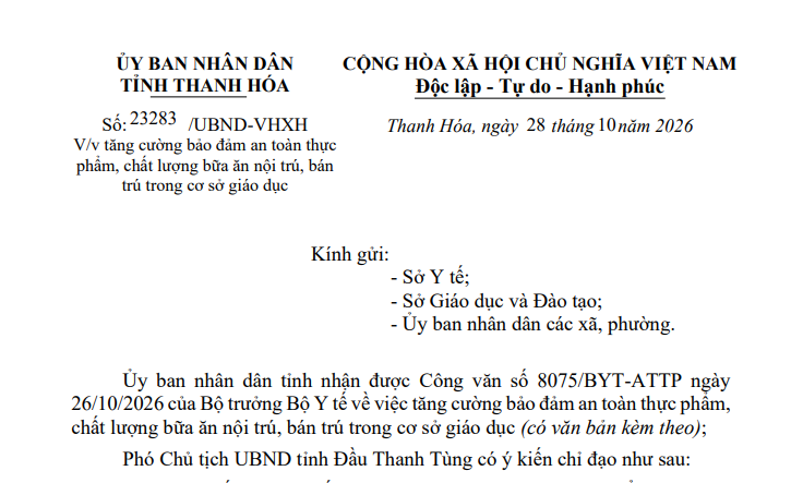 Bảo đảm an toàn thực phẩm, chất lượng bữa ăn nội trú, bán trú trong cơ sở giáo dục tại Thanh Hóa