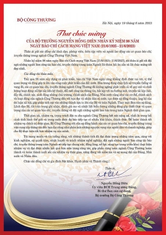 Thư chúc mừng của Bộ trưởng Nguyễn Hồng Diên nhân kỷ niệm 98 năm Ngày Báo chí Cách mạng Việt Nam