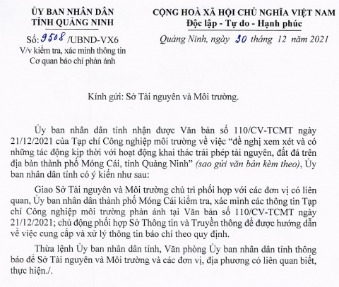 Sở Tài nguyên và Môi trường tỉnh Quảng Ninh không thực hiện đúng ý kiến chỉ đạo của UBND tỉnh