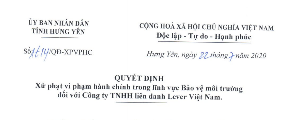 Hưng Yên: Xử phạt Công ty TNHH liên danh Lever Việt Nam 726 triệu đồng về những vi phạm trong lĩnh vực bảo vệ môi trường